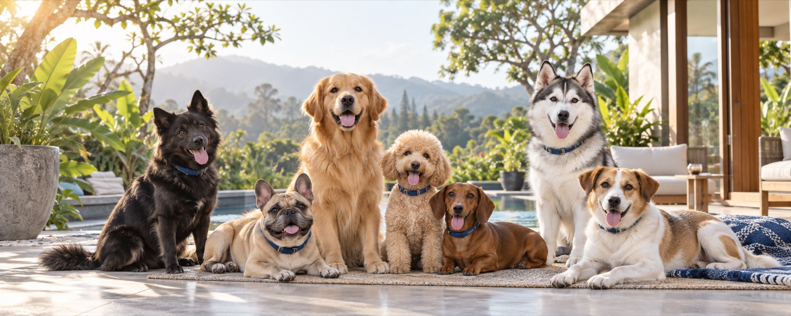 Keluarga berbagai jenis anjing yang sehat, terawat, dan bahagia bersama IBC